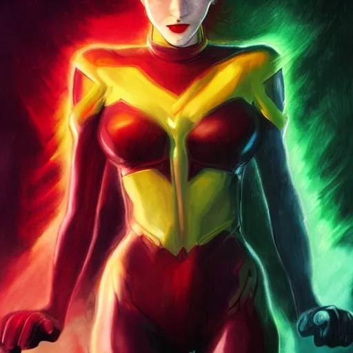 Image similar to jean grey, a full body portrait of jean grey, green eyes, red hair, phoenix rising, flames, comic, x - men, highly detailed, artstation, deviantart, symetry, digital painting, vivid colors, realistic shaded perfect face, volumetric lighting, atmospheric, sharp focus, moody, art by artgerm and greg rutkowski, 8 k