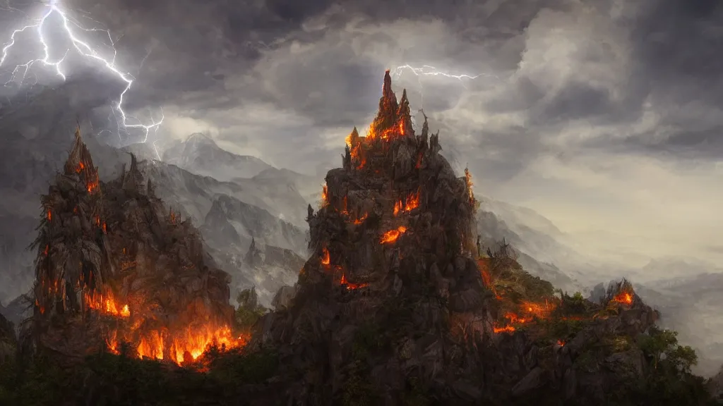 Image similar to evil wizard temple sitting on a cliff near snowy mountains with fire and smoke burining in the background, lightning strikes, volumetric lightning by eugene von guerard, ivan shishkin, dramatic lighting, concept art, trending on artstation, 8 k