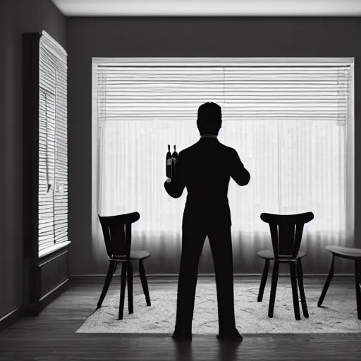 Image similar to Epic Masterpiece wide angle of noir detective standing in apartment holding a bottle of alcohol, venetian blinds in the background, table and chairs against the wall, black and white, drawn by norman rockwell, james jean, background by James Jean, 4k, hdr, octane render, hyperrealistic