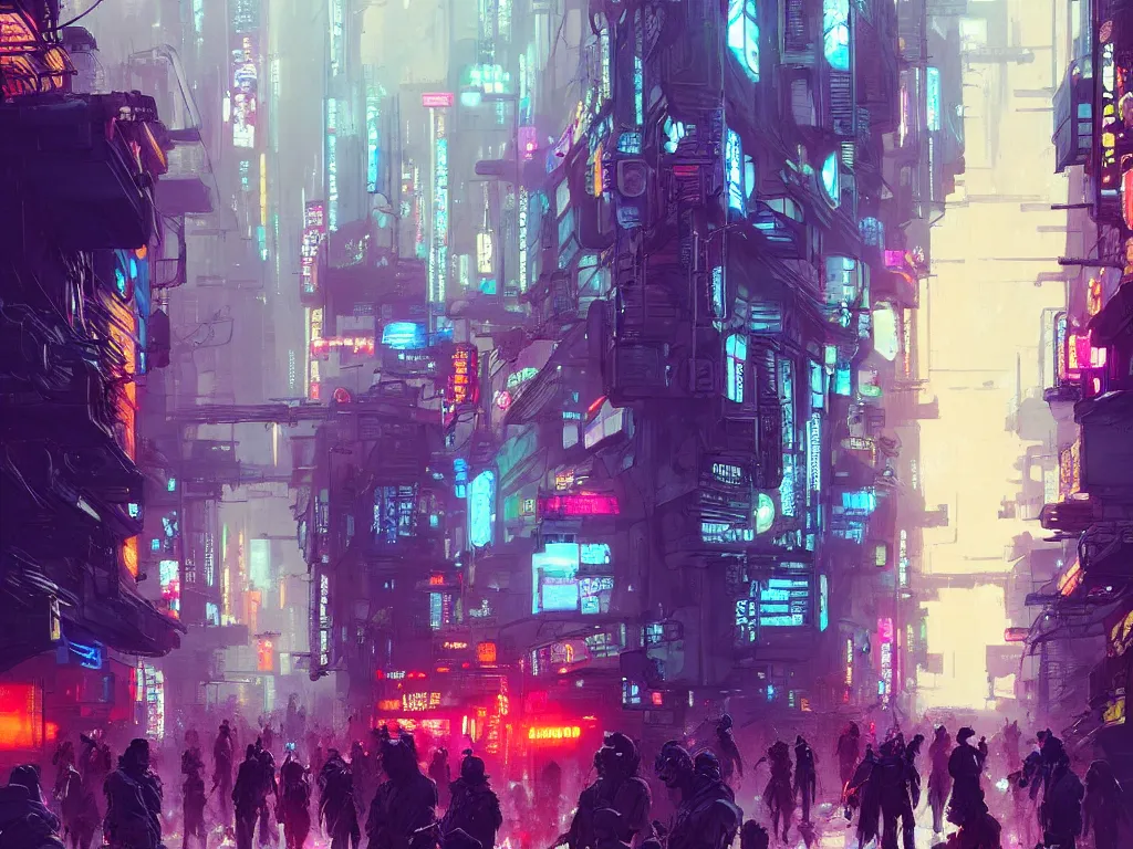 concept art of a cramped cyberpunk street filled with | Stable Diffusion