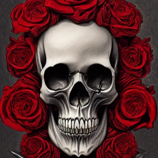 Prompt: skull made of red roses, organic horror, devil, death, giger, epic, baroque, extremely detailed and intricate, artstation, digital painting, alphonse mucha, artgerm, greg rutkowski, cgsociety