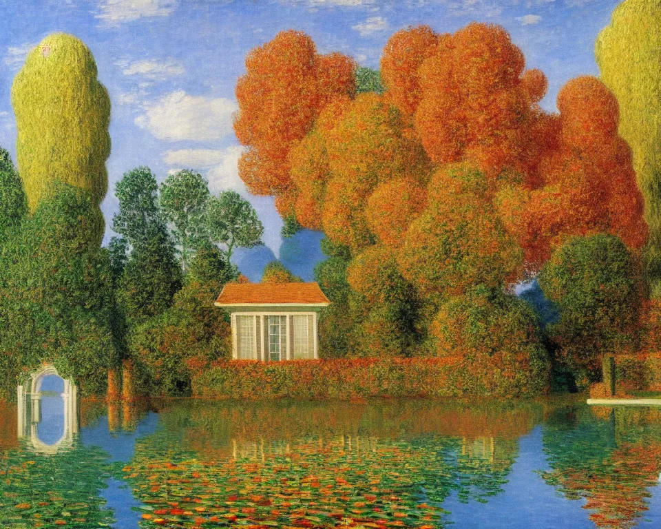 Prompt: achingly beautiful painting of a sophisticated, well - decorated pool house in autumn by rene magritte, monet, and turner.