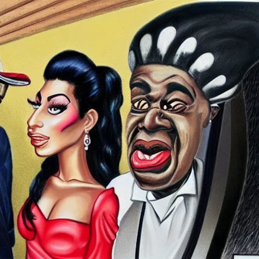 Image similar to beautiful lifelike painting of flava flav and amy winehouse buying a yacht in dubrovnik, hyperreal detailed facial features and uv lighting, art by ed roth and basil wolverton