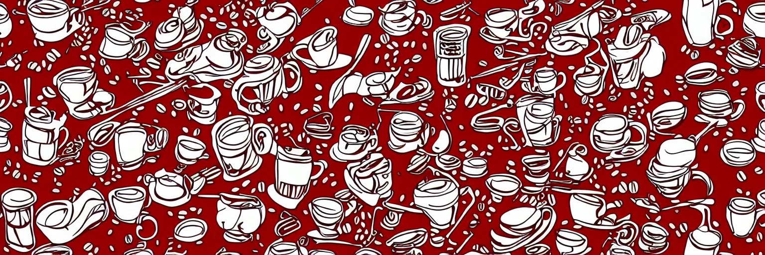 Image similar to seamless pattern, coffee and musical instrument, vector, line art, red and white,