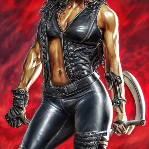 Image similar to muscled Alexandria Ocasio-Cortez as a ruggedly handsome heroine , dressed in biker leather, intricate, elegant, highly detailed, centered, digital painting, artstation, concept art, smooth, sharp focus, illustration, art by artgerm and donato giancola and Joseph Christian Leyendecker, Ross Tran, WLOP.