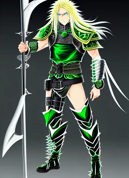 Image similar to a detailed anime full body portrait of a male warrior with long blonde hair and blue eyes wearing evil green spiked cyberpunk armour by hirohiko araki,