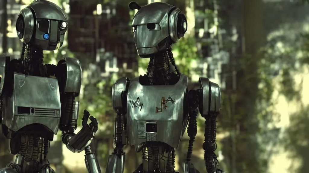 Image similar to film still from the movie chappie of the robot chappie shiny metal outdoor park plants scene bokeh depth of field furry anthro anthropomorphic stylized cat ears head android service droid robot machine fursona