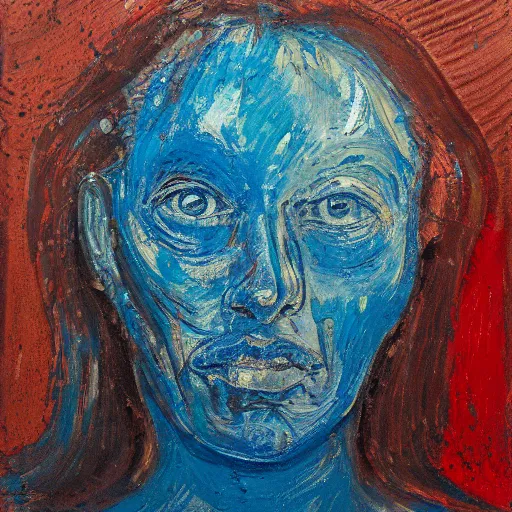 Prompt: oil paint impasto relief, portrait of woman's face, deep under water, lots blue colours, lit from above, looking up, air bubbles, multi layered thick brush marks, some splattered paint, in the style frank auerbach and magritte