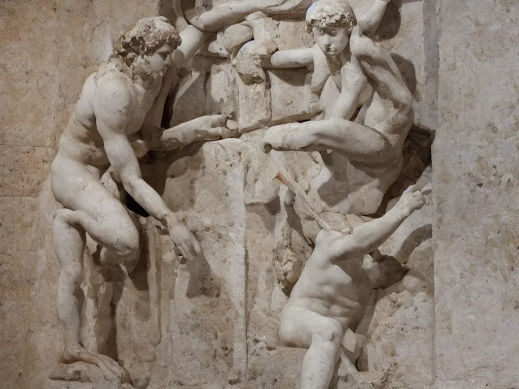 Image similar to an it - guy trying to fix hardware of a pc tower is being tangled by the pc cables like laokoon. marble, copy after hellenistic original from ca. 2 0 0 bc. found in the baths of trajan, 1 5 0 6