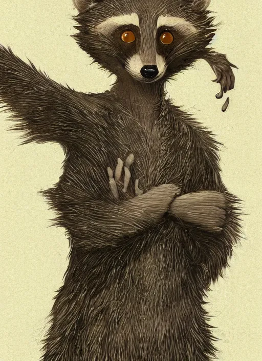 Prompt: a fantasy illustration portrait of an anthropomorphic raccoon mage, by victo ngai, by stephen gammell, by george ault, in the style of animal crossing, artstation