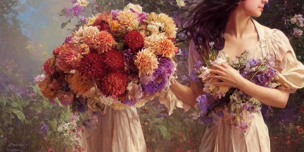 Prompt: woman holding a bouquet of flowing dahlia flowers, hands hidden under the bouquet, fantasy, regal, intricate, rule of thirds, by stanley artgerm lau, greg rutkowski, thomas kindkade, alphonse mucha, loish, norman rockwell