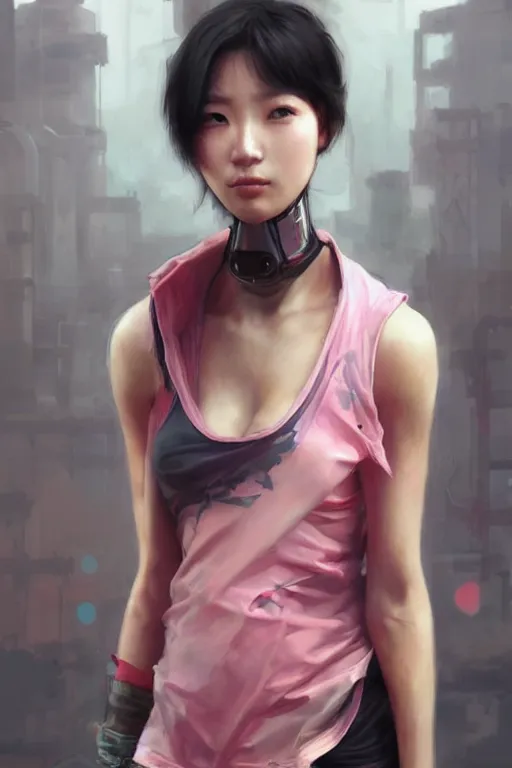 Prompt: Korean cyberpunk female with torn pink tank top, digital art from artstation by Ruan Jia and Mandy Jurgens and Artgerm and william-adolphe bouguereau