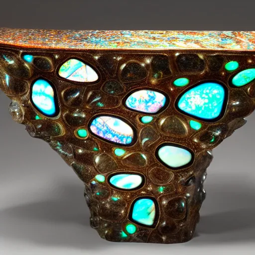 Prompt: biomorphic glass console table by Maitland-Smith, made of boulder opal, glowing, intricate design, sacred, angelic, divine, museum lighting