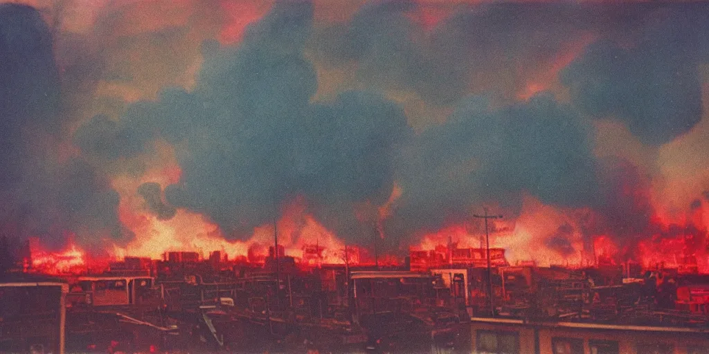 Prompt: vintage analog color photograph of a futurist city on fire, multiple flames, with gigantic smoke clouds visible above the skycrapers, heavy film grain, neon lights, rain, red color bleed, rich azure tones