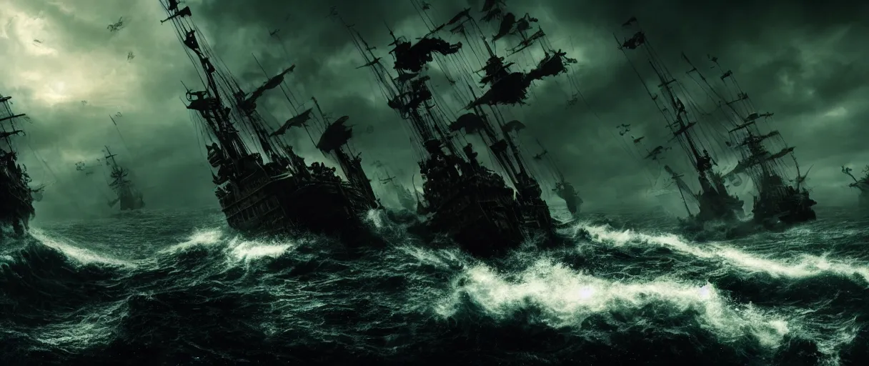 Image similar to pirates fighting cthulhu, cinematic atmosphere, maximized, high detail, 8k, ornate, dark fantasy, masterpiece, complex, film still from the movie directed by Denis Villeneuve