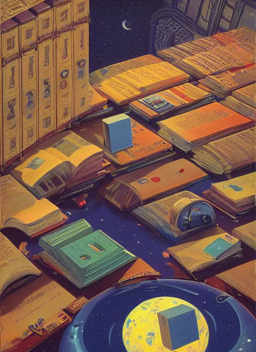 Image similar to a barnes and noble books, vintage shapes, retro technology, happy colors. rob gonsalves, oil on canvas, deep depth field, masterpiece, cinematic composition, hyperdetailed