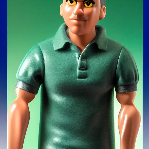 Image similar to a 30 year old skinny Latino programmer guy, with and thick straight brush up black hair on top, short on sides, in a dark green polo shirt, blue jeans and grey sneakers funko pop close up highly detailed photo