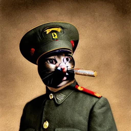 Image similar to colorized caracal cat as a soviet general smokes cigar film photography, cold war, military portrait