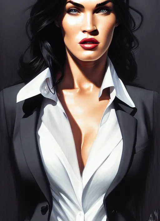 Image similar to portrait of megan fox as business woman, black suit, white shirt, necktie, city, intricate, headshot, highly detailed, digital painting, artstation, concept art, sharp focus, cinematic lighting, illustration, art by artgerm and greg rutkowski, alphonse mucha, cgsociety