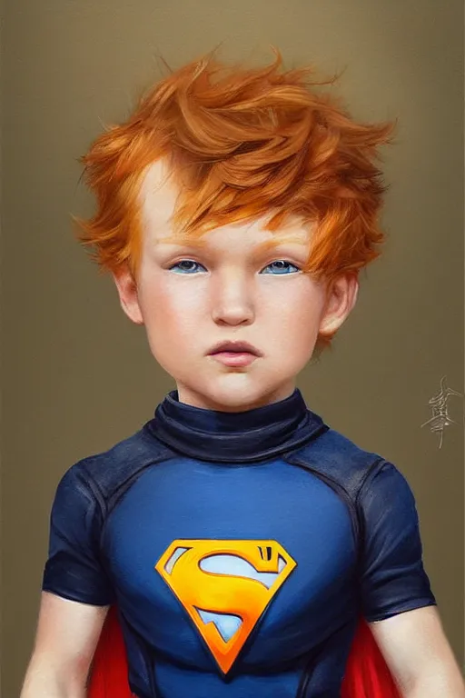 Image similar to a little boy with a michievous face and ginger hair. he is dressed as a superhero. clean elegant painting, beautiful detailed face. by artgerm and greg rutkowski