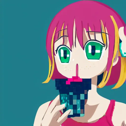 Image similar to colorful anime girl with big eyes eating ice cream pixel art