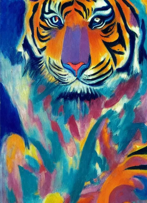 Image similar to an oil painting of a tiger, by Ernst Wilhelm Nay, symbolist, soft colors, dramatic lighting, smooth, sharp focus, extremely detailed, aesthetically pleasing composition