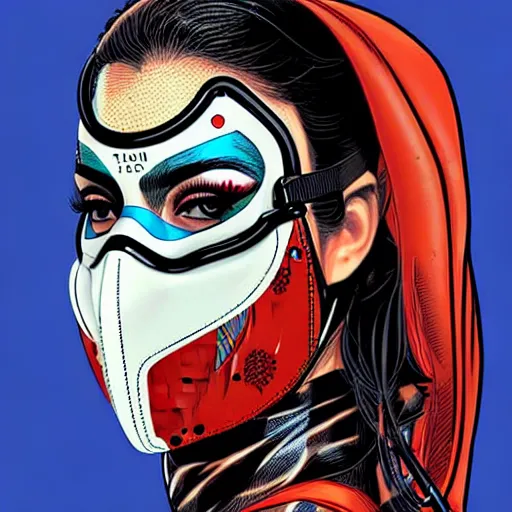 Prompt: a profile photo of a persian woman with a diving mask with side profile blood in ocean intricate details by MARVEL comics and Sandra Chevrier-C