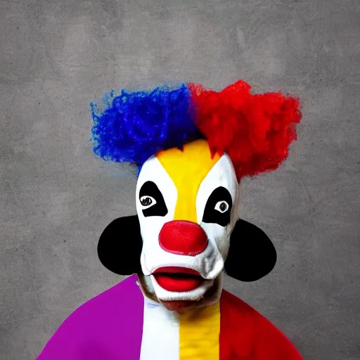 Prompt: cow dressed as a clown