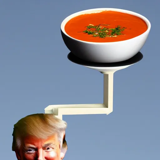 Prompt: bowl of tomato soup balancing on donald trumps head