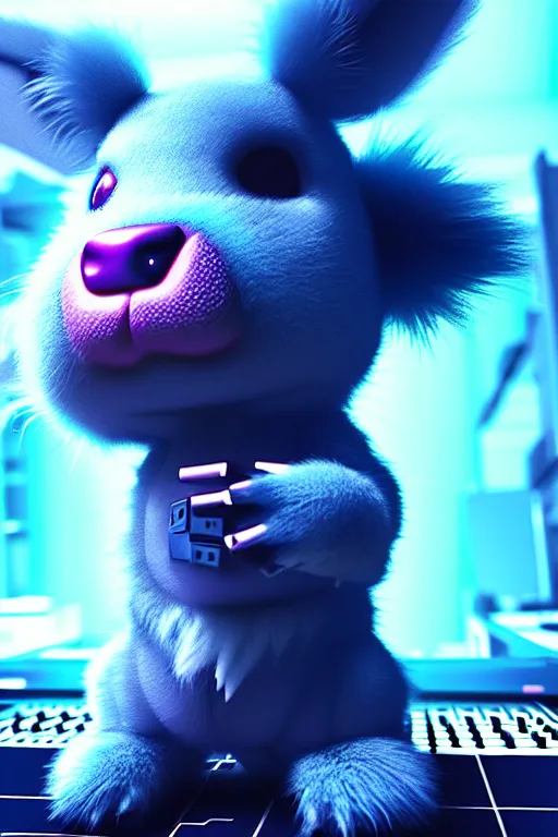 Image similar to high quality 3 d render very cute neuromancer fluffy! mutant cow hybrid! playing keyboard, highly detailed, unreal engine cinematic smooth, in the style of blade runner & detective pikachu, hannah yata charlie immer, moody blue light, low angle, uhd 8 k, sharp focus