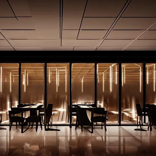 Image similar to modern high end designer restaurant at night in the foggy rain, lovers dining, symmetrical art deco office building with accent lighting, moody, epic composition, professional photograph, highly detailed, warm lighting interior, matte painting, large windows, dramatic lighting, unreal engine