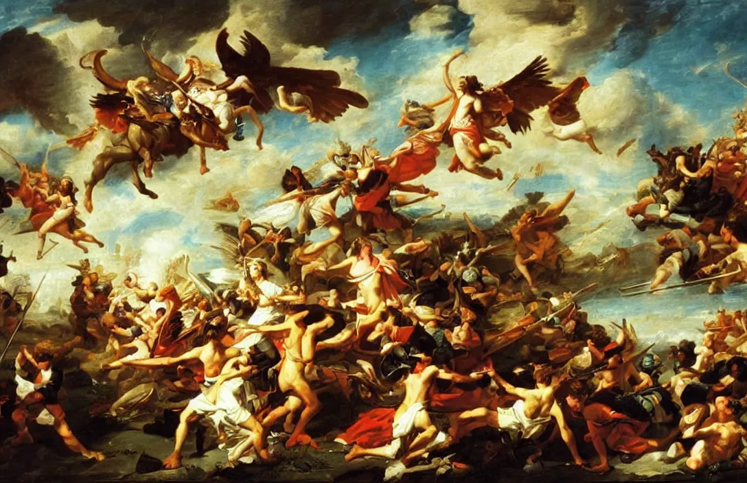 Prompt: expressive painting of the glory in battle of angels and kingdoms, atmospheric light, cinematic composition, detailed scenic view, classicism style painting by john singleton copley, intricate details