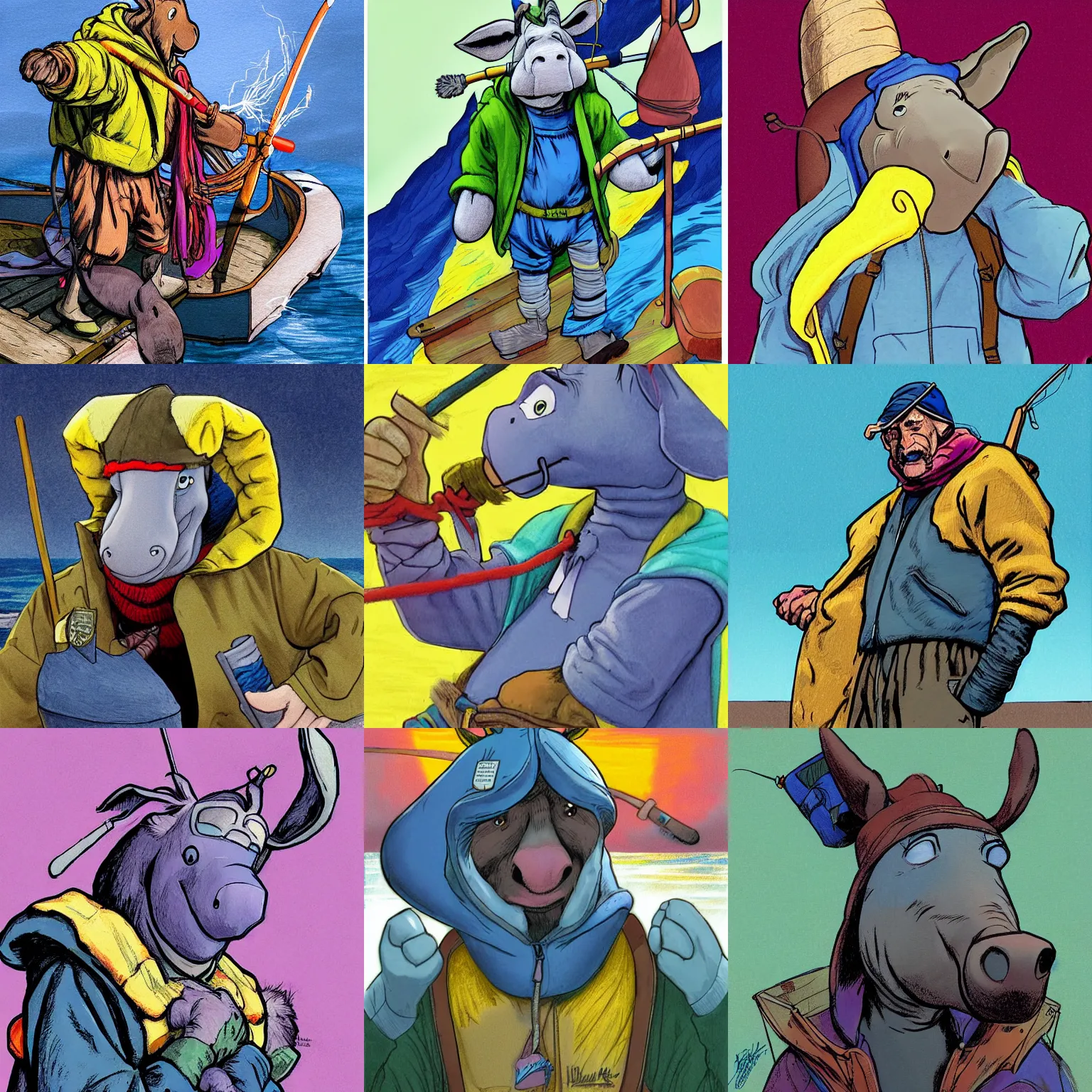 Prompt: donkey Eeyore looking as fisherman in old storm jacket, cartoon, digital painting, artstation, concept art, sharp focus, illustration, art by Josh kirby and John romita jr and moebius