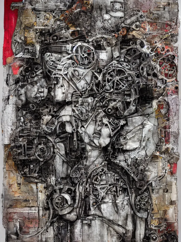 Prompt: peace via tyranny, mechanical, stoic, mixed media,