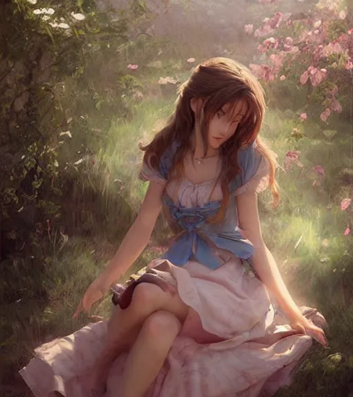 Image similar to aerith gainsborough in a cottagecore dress, portrait, illustration, rim light, top light, perfectly shaded, spring time, slight overcast lighting, soft painting, art by krenz cushart and wenjun lin