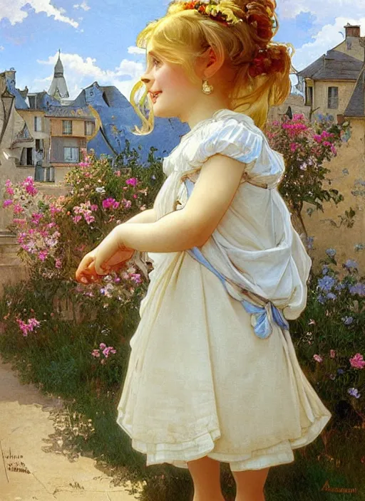 Image similar to a cute little girl with long golden blonde hair wearing a sky blue summer dress smiles in the square of a french village, beautiful painting by artgerm and greg rutkowski and alphonse mucha