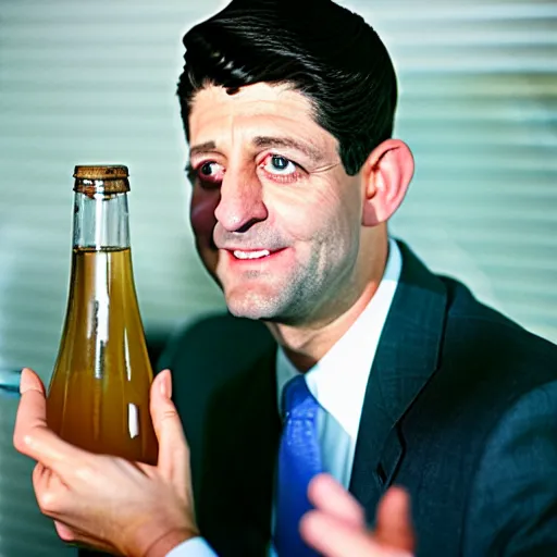 Image similar to Former House Speaker Paul Ryan and an empty bottle. CineStill