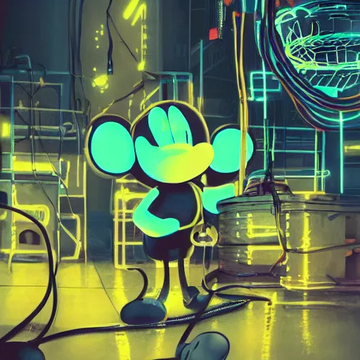 Prompt: workers building grunge mickey mouse head, on a scene, cables hanging and a neon logo in the background, beeple daily art, sci fi, cyberpunk, hyperrealistic