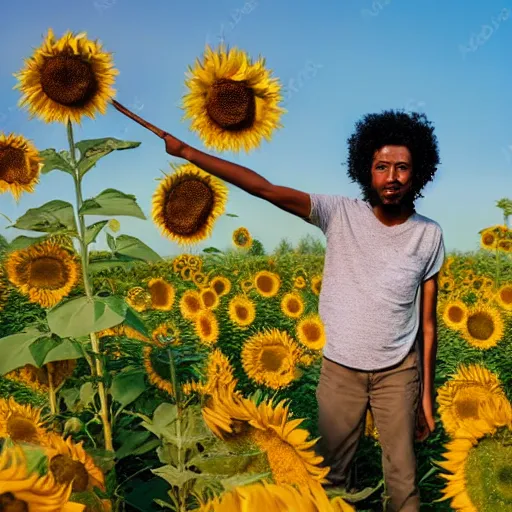 Image similar to east african man with curly hair in a studio ghibli film, animation, field of sunflowers, dreamy, roaming, curious, colorful, intricate details