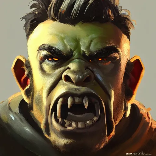 Image similar to greg manchess close - up portrait painting of a ruggedly handsome young dieselpunk orc with olive green skin as an overwatch character, medium shot, asymmetrical, profile picture, organic painting, sunny day, matte painting, bold shapes, hard edges, street art, trending on artstation, by huang guangjian and gil elvgren and sachin teng