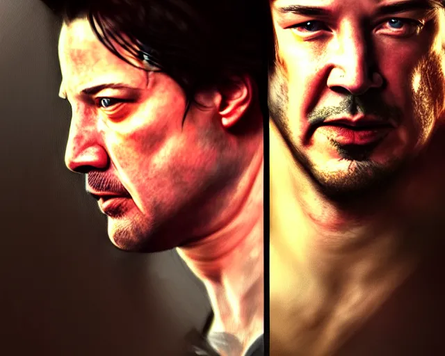 Prompt: hdr portrait photography brendan fraser boxing against keanu reeves, cinematic, coherent portraits, mmorpg fantasy, intricate, elegant, highly detailed, digital painting, trending on artstation, hdr photo, smooth, sharp focus, illustration, art by artgerm and greg rutkowski and alphonse mucha
