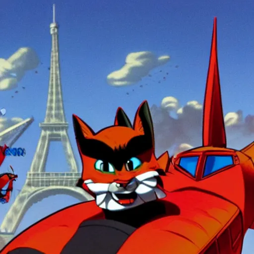 Image similar to swat kats of tbone and razor, in their plane, with eiffel tower visible in background, extremely detailed, imax movie still