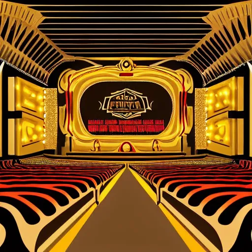 Prompt: an achingly beautiful print of the interior of an art deco movie theatre palace golden and black with palm trees, romantic, enchanting, trending on artstation