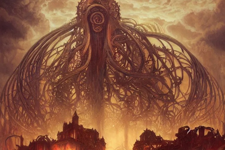 Image similar to a lovecraftian painting of a demonic shrine, occult, cult members, cosmic horror elements, ultra realistic, concept art, intricate details, eerie, highly detailed, photorealistic, octane render, 8 k, unreal engine. art by artgerm and greg rutkowski and alphonse mucha