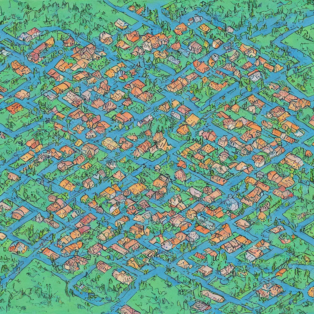 Prompt: simplistic town layout, art by allixander maps, acrylic drawing, fantasy, world, bright, clear, simple, sharpened