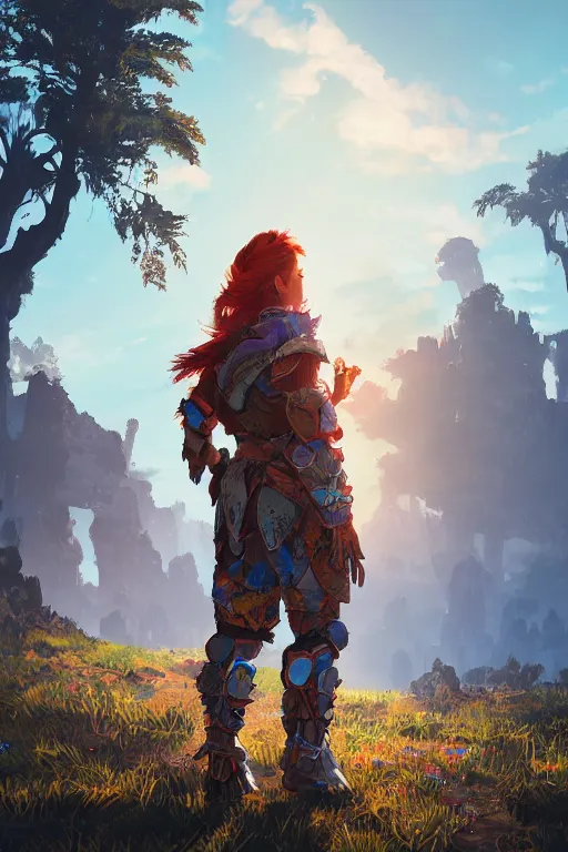 Image similar to combination suit armor aloy horizon forbidden west horizon zero dawn radiating a glowing aura global illumination ray tracing hdr fanart arstation by ian pesty and alena aenami artworks in 4 k tribal robot ninja mask helmet backpack