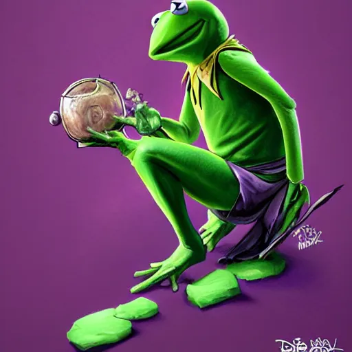 Prompt: kermit the frog as thanos, by ross tran
