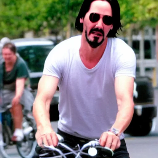 Prompt: Keanu Reeves riding a bike eating ice cream