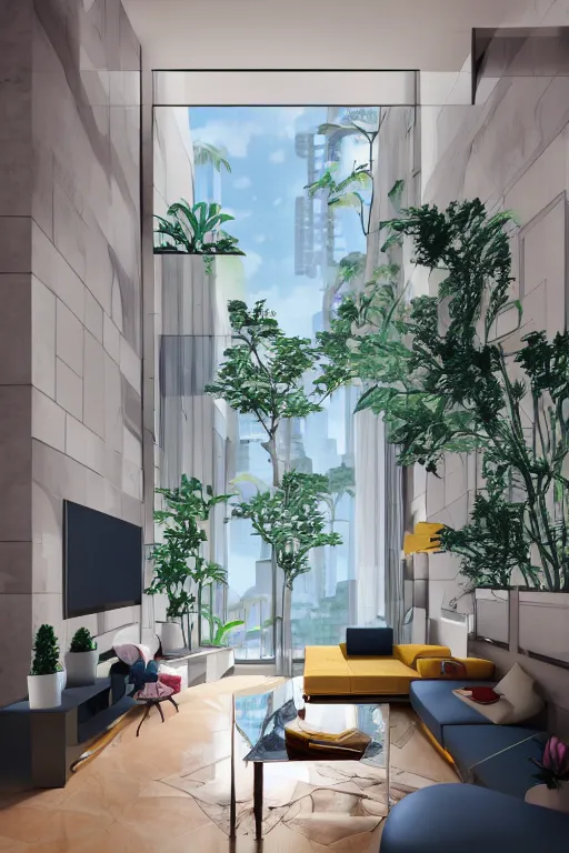 Prompt: isometric interior of luxury condominium with minimalist furniture and lush house plants | modern architecture by makoto shinkai, ilya kuvshinov, lois van baarle, rossdraws and frank lloyd wright