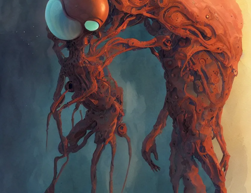 Prompt: amorphous alien lifeform taking over a human body, safe for work. this watercolor painting by the award - winning concept artist has dramatic lighting, an interesting color scheme and intricate details.